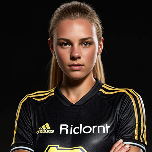 young woman in a mens black soccer jersey with the name Nicholson in gold on it