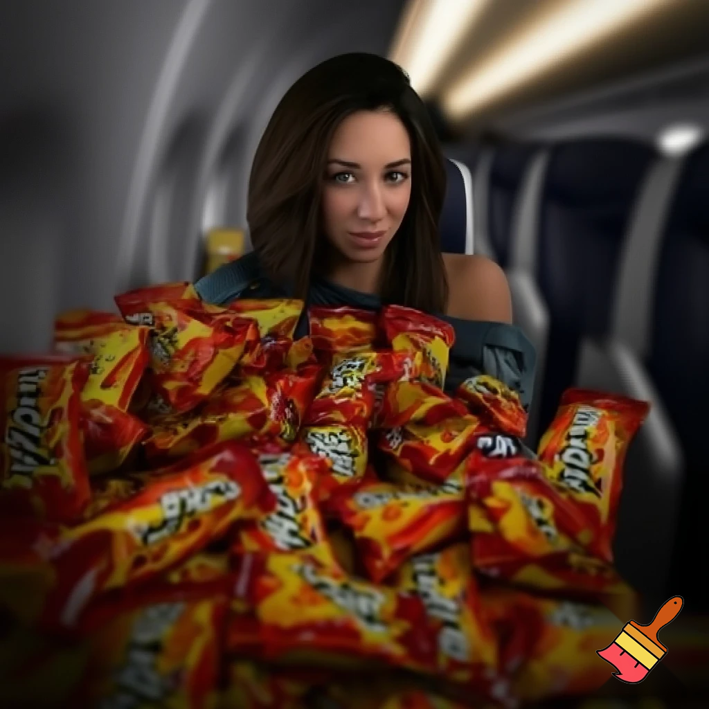 woman in a plane eats alot of hot cheetos she turned fat the inpoley came  in and she eat all her snacks