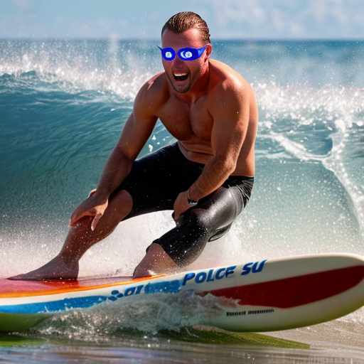 jeffery epstien with glowing red eyes on a surf board running away from the police
