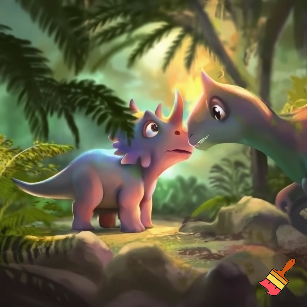 Draw a cute baby triceratops in the wild with a glowing nose horn and another dinosaur questioning him 