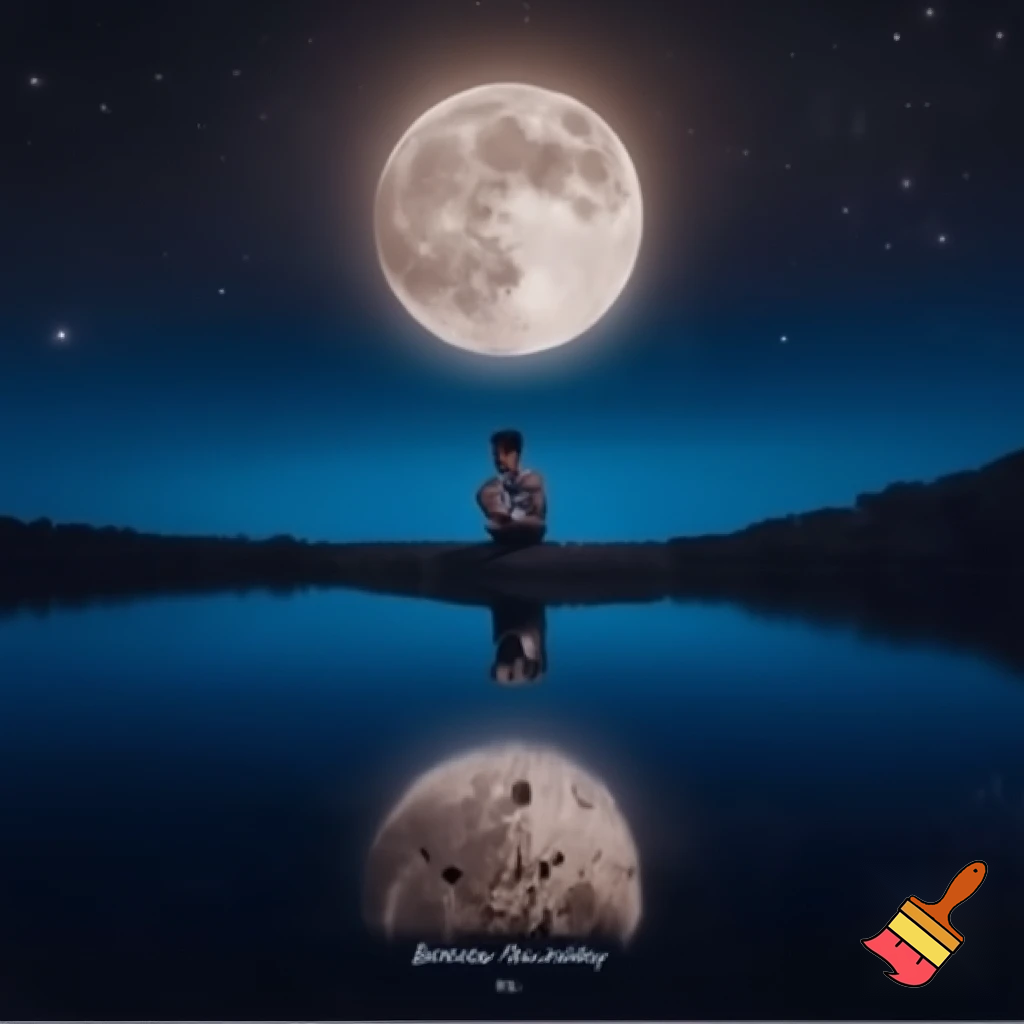Generate a very beautiful tshirt design based out of full moon, make it very aesthetic and attractive you may also add beautiful stars around, be creative you may add a very beautiful blue lake or river with reflection or anything just make it very eye catchy with great colours Also add the text "CHAUDHVIN KI RAAT" with it with a very attractive font and text. and below that maybe in small font add this text- Tonight the moon sighted bright Some beauty lives in borrowed light.

the stars must appear natural dont animate them they should appear like real And make sure image in night time and the poetry should be mandatorily be at the bottom last. Make it more inclined to people who like to stay normal and humble dont animate anything make sure everything seems to appear like real and yes add a lone guy in the design who is again wearing the exact tshirt design you are about to create now

i like your images but they seem like very animated and unreal make them appear like they are captured by an actual camera and make it aesthetic in that way, it is very important they should appear like they are actually captured in real and are not animated please keep it like a real moon and real sky please dont animate