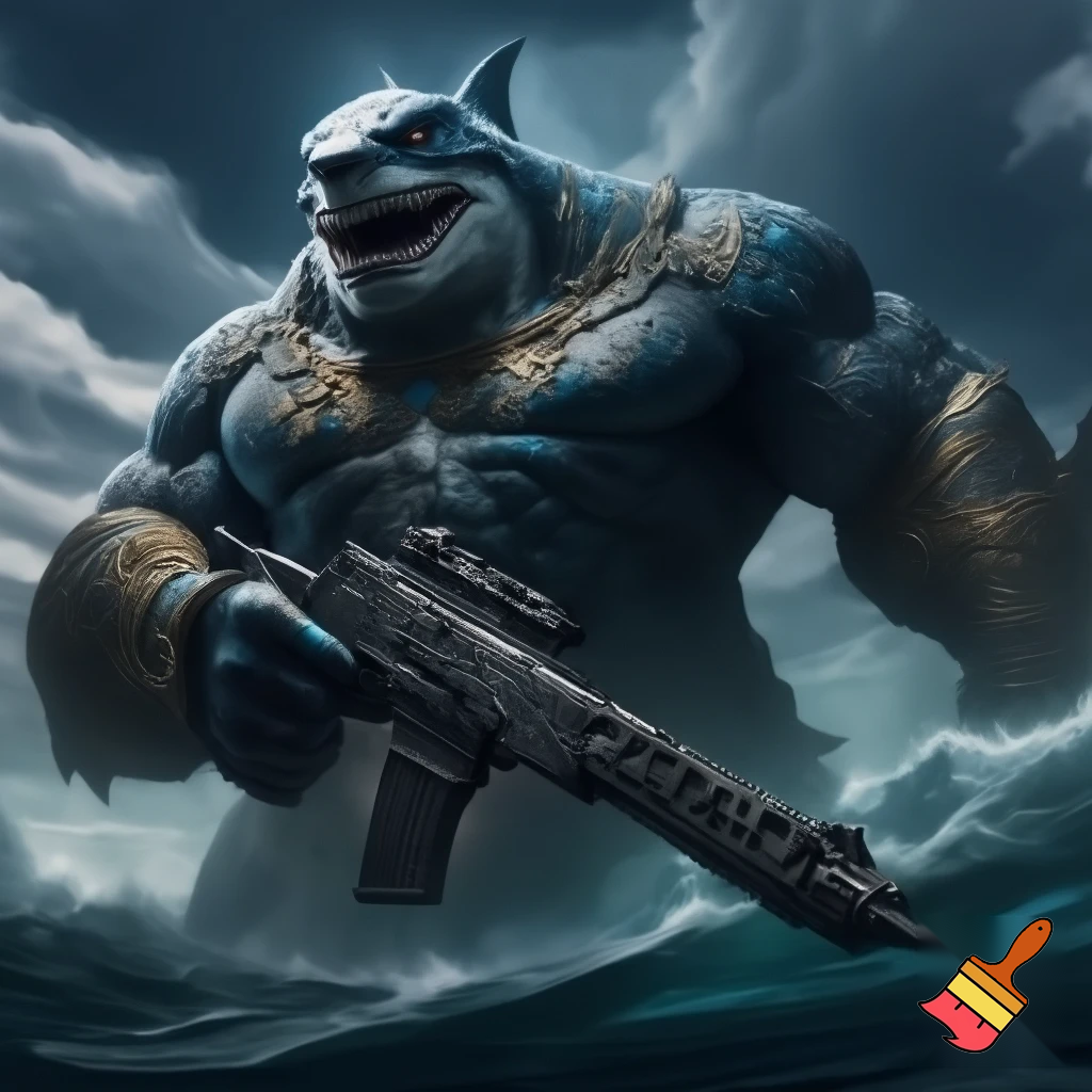 King shark prince nanaue using a assault rifle 
