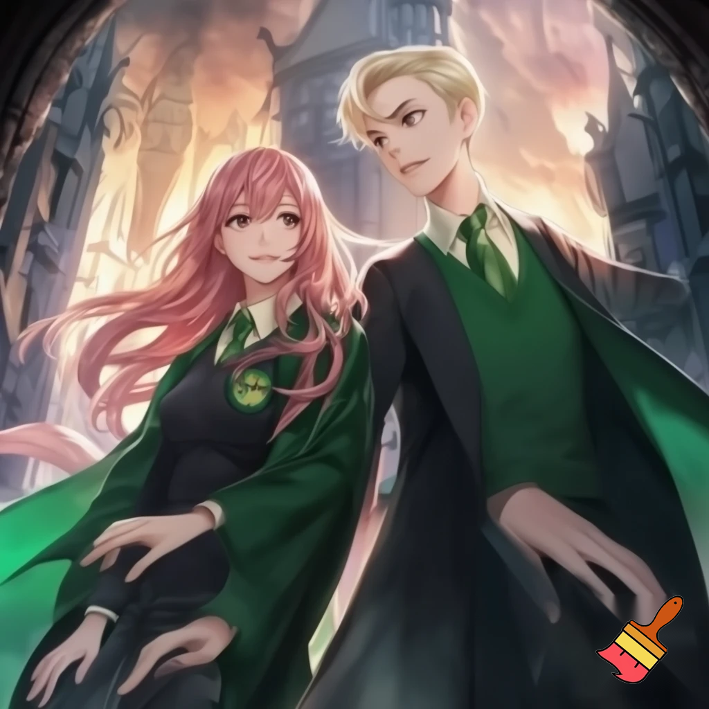 a anime girl, long pink hair, with a slytherin outfit. With Draco malfoy. Two people, hogwarts background. High quality and detail anime style 
