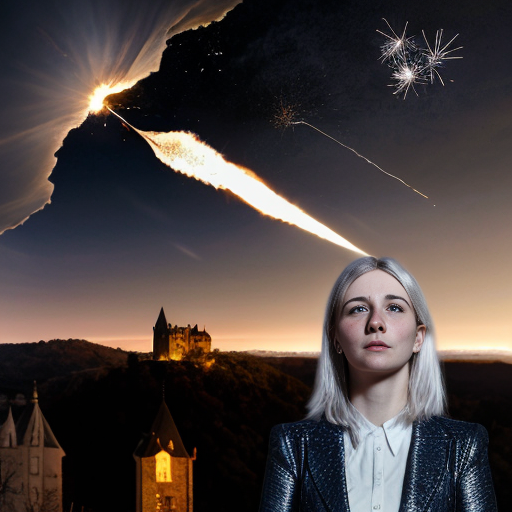 young white-haired woman in armor watches as meteorites fall on her castle