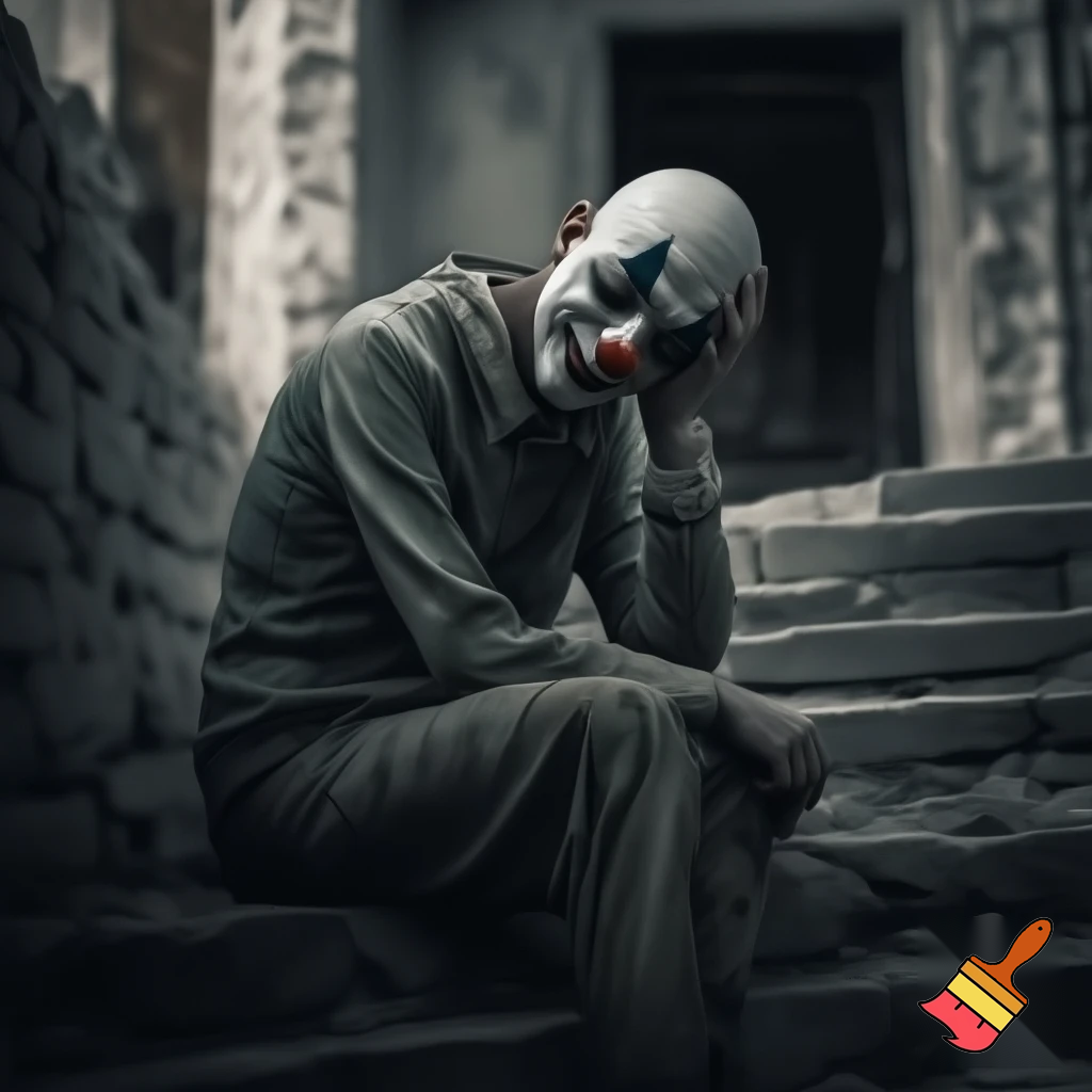 A sad clown sitting on a stone staircase in front of a dilapidated old house in shades of gray, holding his cheek in despair, with a sorrowful smile on his face. The scene is bathed in soft natural light, creating a calm and melancholic atmosphere, with cinematic depth and detailed textures. Ultra-realistic, 4k, cinematic realism.