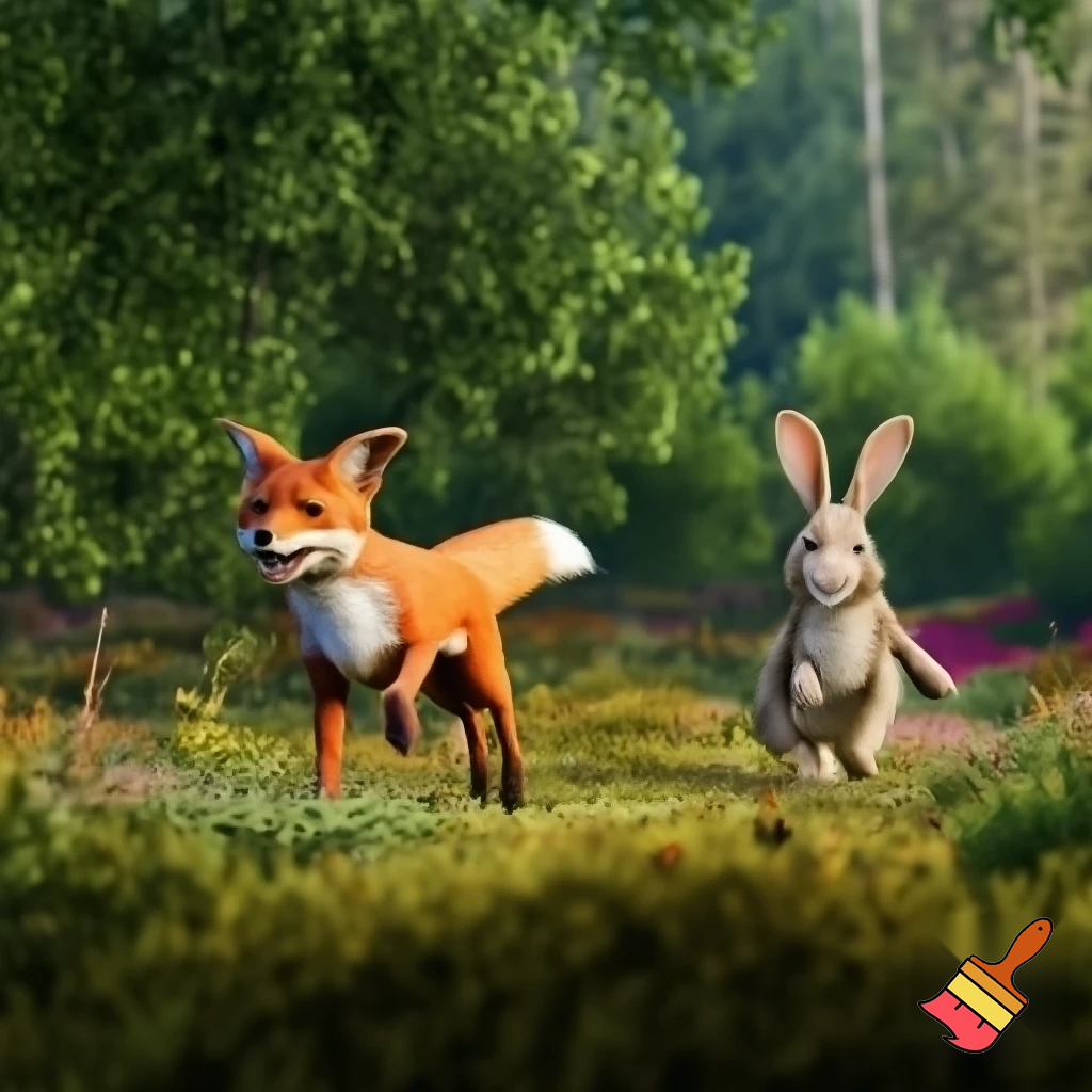 "Cartoon style illustration of the same rabbit now smiling and running playfully alongside the friendly red fox in a vibrant, colorful forest. Sunlight, flowers, trees, and bushes in background, joyful and lively mood. Both characters same as in previous scenes, showing happiness, friendship, and courage."