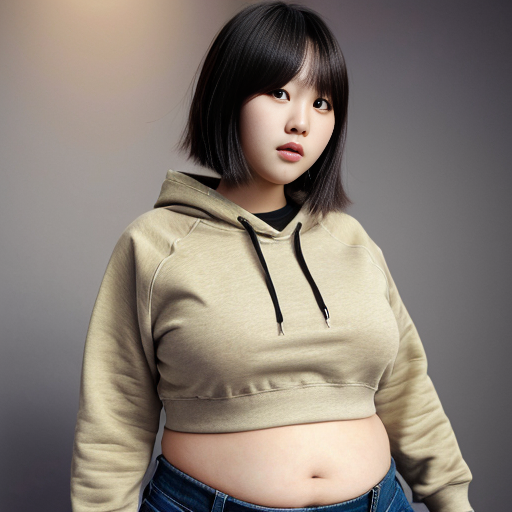Fat beutiful korean girl (age 21) (weigh 250) wearing a BOXY SWEATSHIRT (KHAKI) and a bLack thigh highs and she is really beutiful and her hair is a Ulzzang short hair and she is showing her big fat belly