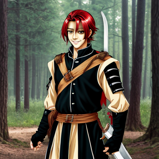 Anime style adult male, neat red hair, smiling, yellow snake eyes but otherwise no snakelike features, has a sword in a scabbard on his back, slim with creative dark medieval clothes, no armor, forest background
