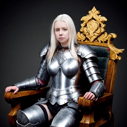 young tall white-haired woman in armor sits on a throne