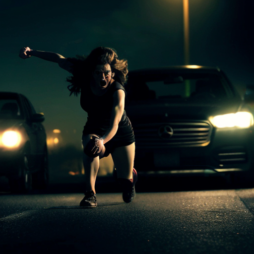 A dramatic action scene at night. A young woman lunges forward, pushing a man out of the path of an oncoming car. The car speeds past with motion blur and bright headlights cutting through the darkness. The woman’s expression is intense and determined, the man shocked mid-fall. The glowing vintage watch in her hand has just gone dark. Strong cinematic lighting, high contrast, dynamic motion, emotional intensity, ultra-realistic, 4K, film still, dramatic shadows.