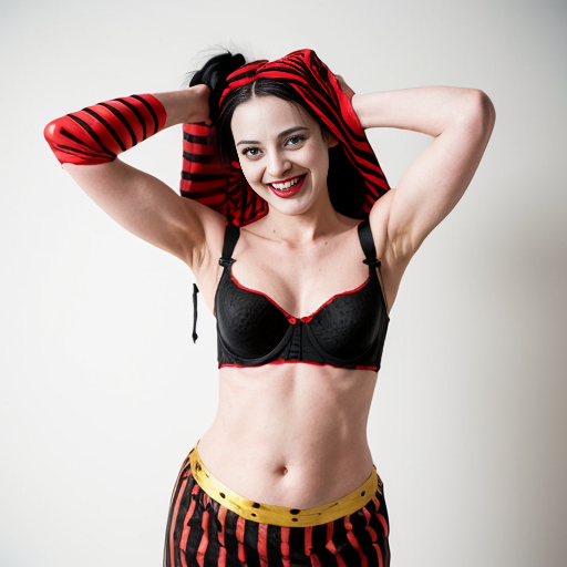 90's disney's 2d aladdin style comic black background and panels of 
panel 1 Harley Quinn with light black and red striped harem pants and bra and black and red curved slippers with both hand palms place together and hiding the bottom of her mouth with a light black and red striped veil wrapped around her arms and shoulders. 
panel 2 she danced with light black and red striped harem pants with light black and red striped bra and red and black curved slippers and with light black and red striped veil wrapped around her arms and shoulders and raising legs and bounced up and down her belly and shook her hips left and right. 
panel 3 as Harley Quinn with light black and red striped harem pants and bra and red and black curved slippers and with red and light black striped veil wrapped around her shoulders and arms and spreading her arms, happily revealing her face to the viewer and giving a smile as she shook her belly left and right. 
Panel 4 Harley Quinn with light black and red striped harem pants and bra and black and red curved slippers and with light black and red striped veil wrapped around her shoulders and arms has started to fading away , except her belly, which is bouncing around and growing. 
Panel 5 then the ball transforms into the fading in belly of Giant red haired giganta barefoot with dark yellow spotted yellow harem pants and bra and dark yellow spotted yellow veil wrapped around her arms and shoulders with her swaying her hips. 
Panel 6 red haired giganta barefoot with dark yellow spotted yellow harem pants and bra and dark yellow spotted yellow veil wrapped around her arms and shoulders then she is flexing her muscled arms. 