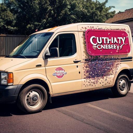 A white delivery van (side view) with full vehicle wrap design for "Тортик" bakery. On the side: large logo, the slogan "Сладость, объединяющая семью", phone number + website, and a playful graphic of scattered candy sprinkles in brown, cream and raspberry colors. The design is eye‑catching but clean, not cluttered. The van is parked on a sunny residential street. High resolution, realistic automotive mockup, bright daylight.