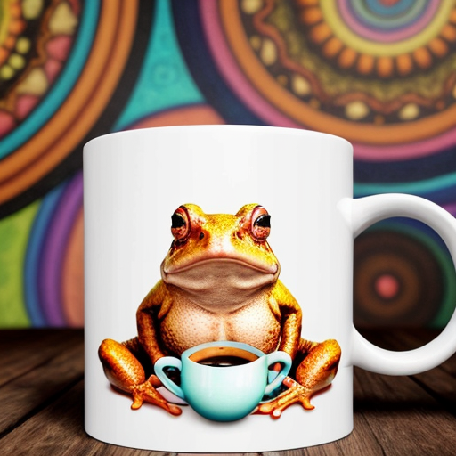A hillarious, funny boho toad with some hippie colored coffee cups. Psychedelic decorated background.