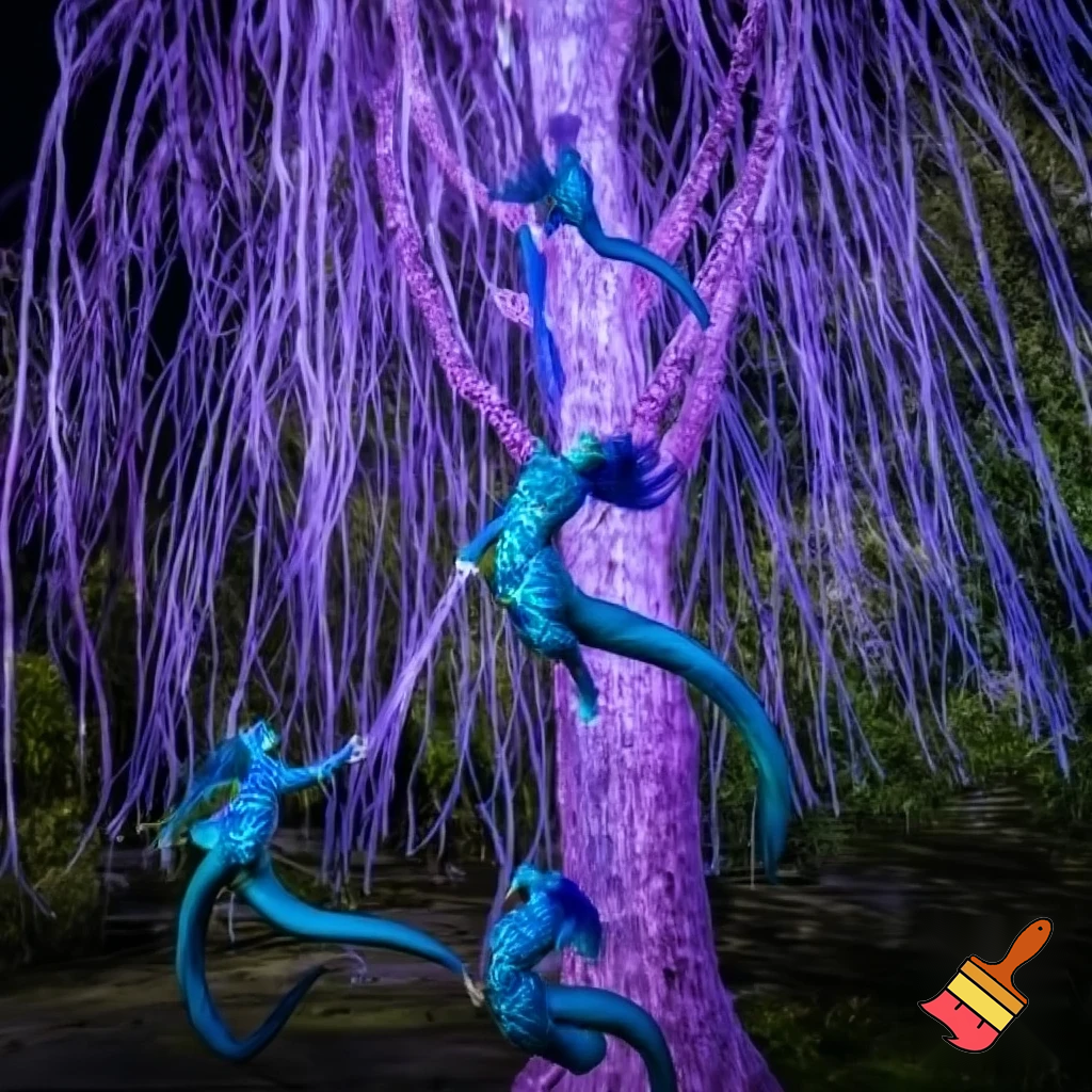 create a clan of 10 foot tall blue humans with tails and different shades of blue stripes and fly of massive creatures and creature and a massive tree that looks like a willow tree but is purple and glowing that the humans can attach a braid in their hair to the long flowy rope like branches of the tree