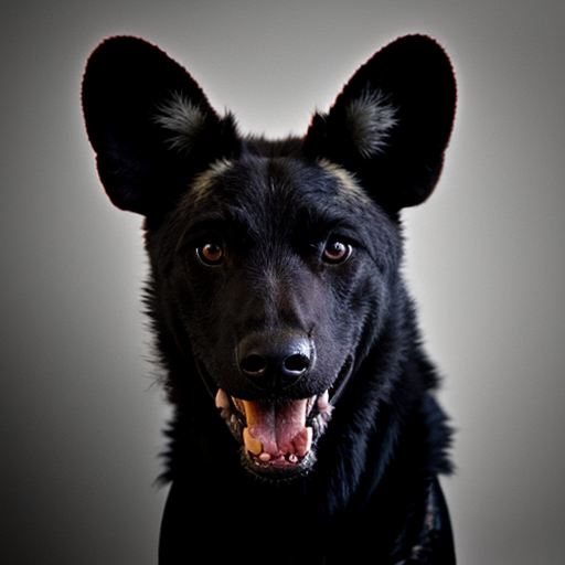 A black wild dog taking a mugshot looking DEADLY, sinister, angry and malicious