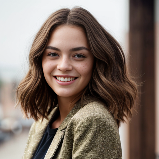 A young, light-skinned woman is positioned in the center of the frame, smiling broadly with her head tilted slightly. She appears to be in her early twenties. Her short, choppy hair is red-brown color. She's wearing a light olive blazer over a white t-shirt. The woman has a slender build.
er skin is heavily speckled with numerous, small freckles, a prominent feature that covers her face, including the forehead, cheeks, nose, and chin. The environment has a casual, bright feel. The perspective is at eye-level. The composition is well-balanced, emphasizing the subject's cheerful expression. The lighting is soft, highlighting the colors of her clothing and hair. The style is contemporary and youthful.