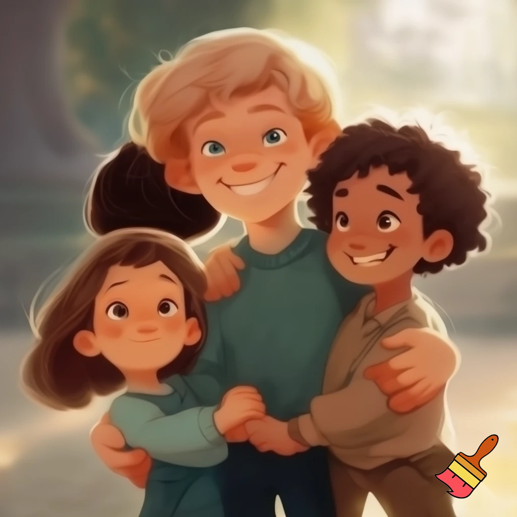 A family of four boy older 10 girl younger 5 blonde brown hair 
