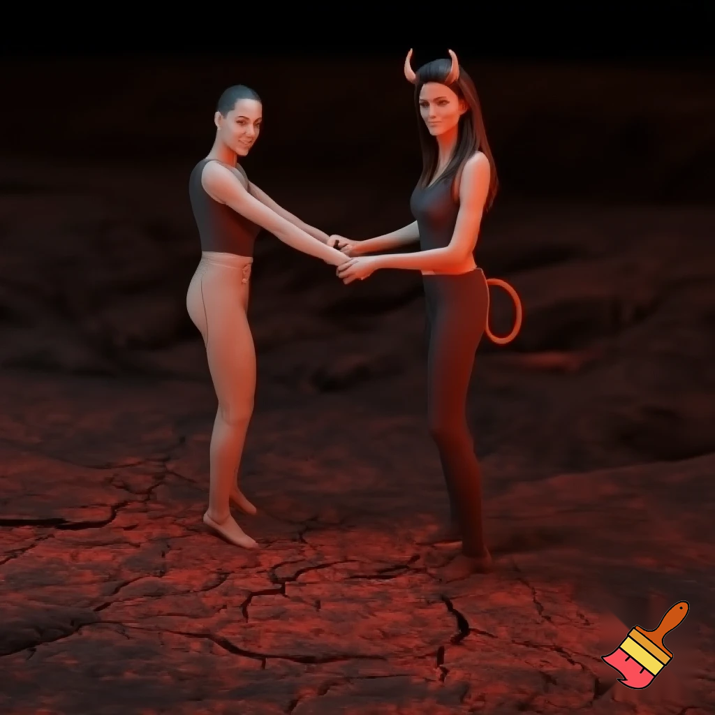 claudia sheinbaum holding hands with the devil and smiling, full body, making deals