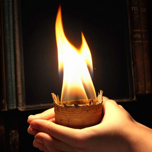 شعلة مضيئة تمسكها يد . و الخلفية مخطوطات قديمة
