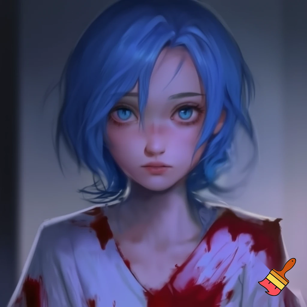 An innocent busty anime woman with short blue hair and blue eyes wearing a bloody hospital gown