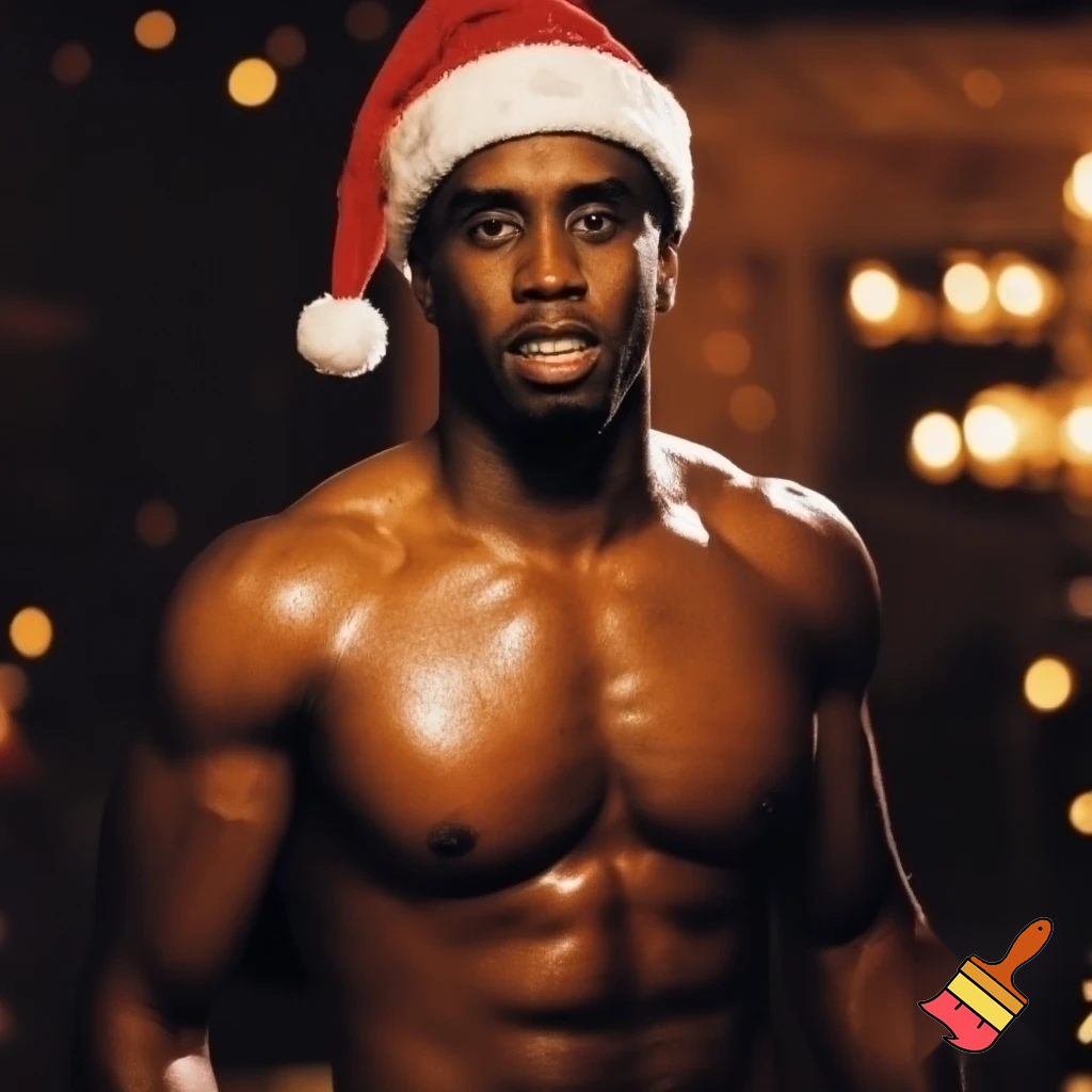 p diddy shirtless oiled up wearing a Santa hat