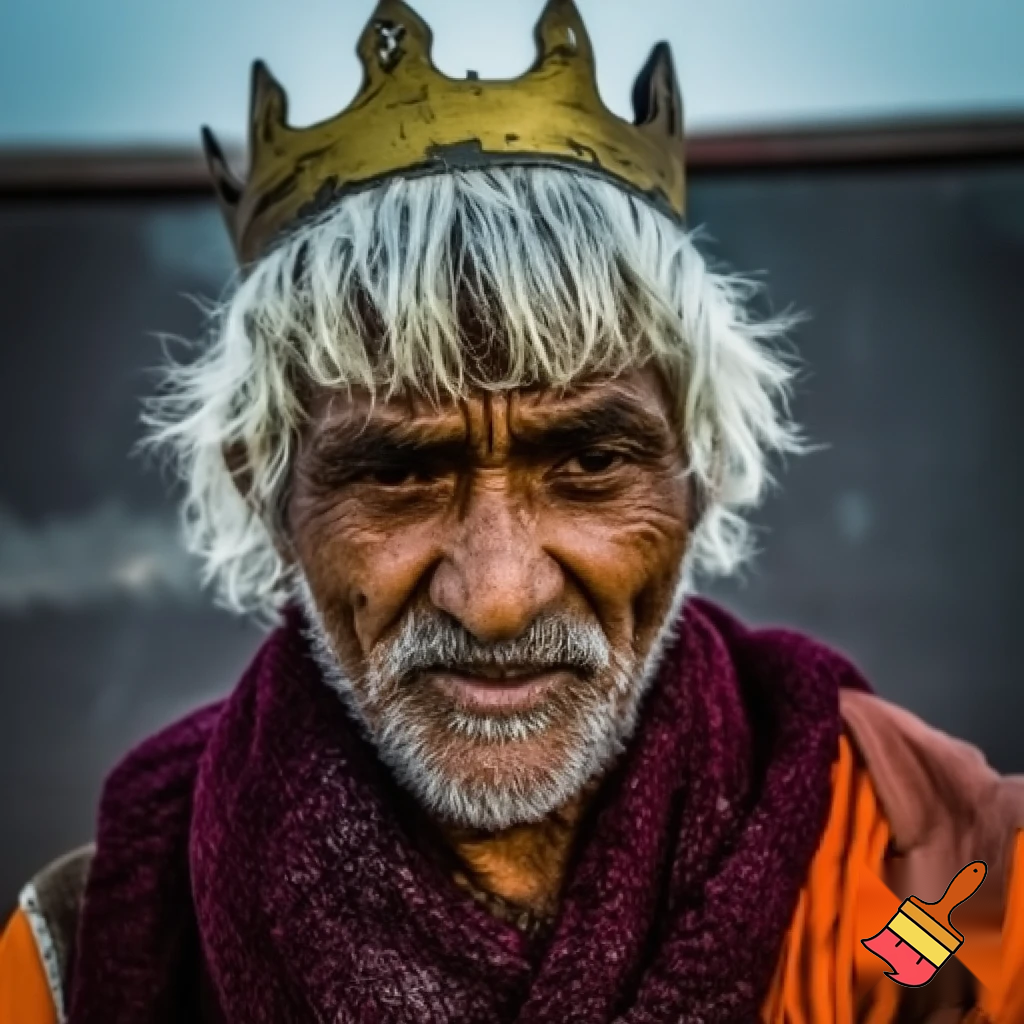 old man wearing maroon with orange robes and a golden crown that sat comfortably on top of his messy white with silver streaks of hair. It looked as it hadn’t been cut for months of washed because of his dirty, filthy clothes.