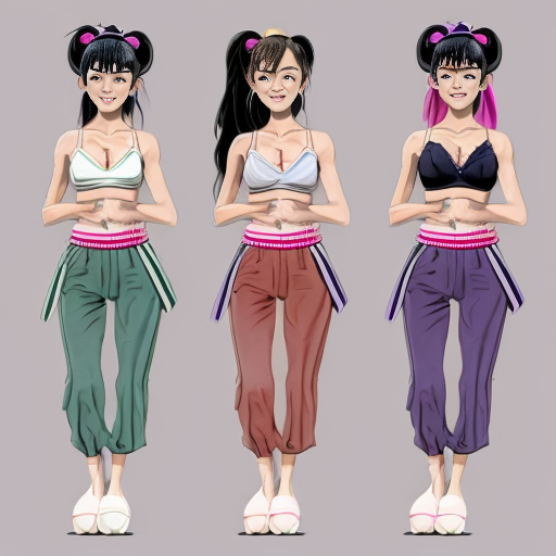 90's Disney style comic with dark blue background with six panel grids showing 
Panel 1 the black haired ponytail woman with ,dark purple skin ,purple and yellow spotted harem pants,and bra and purple sash and yellow vest and purple curved slippers. 
Panel 2 the black haired ponytail woman with white skin,black and white striped harem pants,black and white bra and black sash and black vest and white curved slippers. 
Panel 3 the black haired ponytail woman with blue skin, light and dark blue striped harem pants, light blue bra and dark blue sash and dark blue vest and light blue curved slippers . 
Panel 4 the black haired ponytail woman with green skin, light and dark green harem pants, light green bra and dark green sash and dark green vest and light green curved slippers. 
Panel 5 the black haired ponytail woman with dark pink skin, pink harem pants, pink bra and pink sash and pink vest and pink curved slippers. 
Panel 6 the black haired ponytail woman with orange and purple striped harem pants, purple bra and orange sash and orange vest and purple curved slippers and all are having their hand palms place together near their chest and swaying their hips