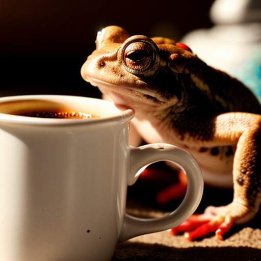 A hillarious, funny boho toad with some hippie colored coffee cups. Psychedelic decorated background, hyperrealistic. Close-up view.