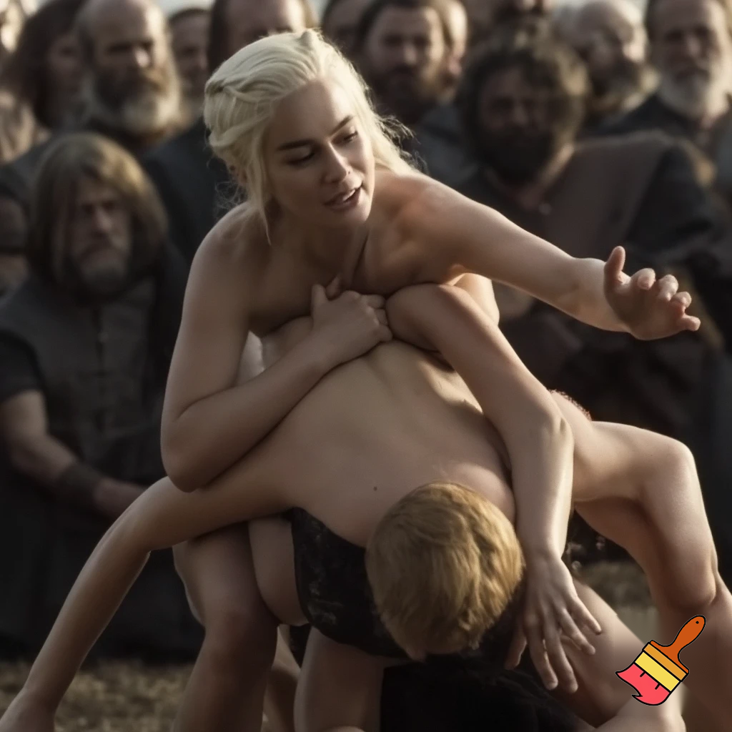 Daenerys Targaryen and Cersei Lannister wrestling in a camp , Cersei Lannister is under Daenerys and losing. Both are naked and all sweaty 
