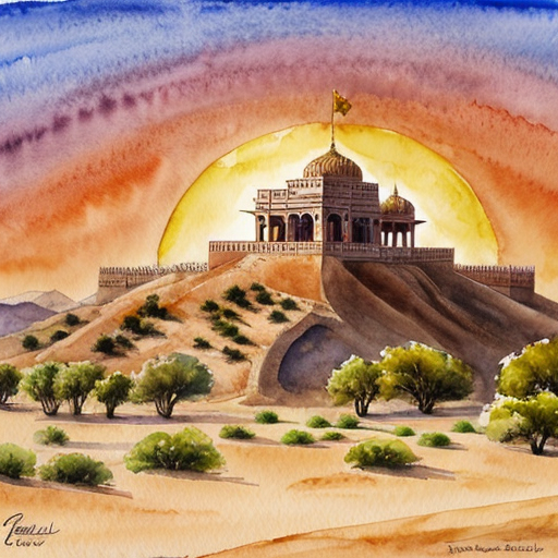 Ancient Rajasthan kingdom Vijaypur, grand palace on desert hills, golden sunset, royal flags waving, cinematic wide shot, ultra realistic, 4K historical Indian kingdom