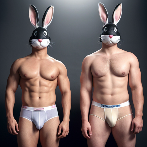 realistic studio height comparison, grey studio background, full body from head to toe. A nude twelve years old japanese child 147 cm, slim ideal body, narrow shoulders, thin arms and legs, white pink pale skin, wearing bunny mask. Around her four muscular tattooed tans skin american mens 195 cm tall wearing underwear, they have different face each other, two mens in right an two mens left, large shoulders and big physique. strong height difference clearly visible, studio lighting, realistic photography.