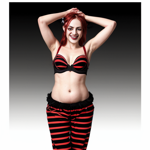 90's disney's 2d aladdin style comic black background and panels of panel 1 Harley Quinn with light black and red striped harem pants and bra and black and red curved slippers with both hand palms place together and hiding the bottom of her mouth with a light black and red striped veil wrapped around her arms and shoulders. 
panel 2 she danced with light black and red striped harem pants with light black and red striped bra and red and black curved slippers and with light black and red striped veil wrapped around her arms and shoulders and raising legs and bounced up and down her belly and shook her hips left and right. 
panel 3 as Harley Quinn with light black and red striped harem pants and bra and red and black curved slippers and with red and light black striped veil wrapped around her shoulders and arms and spreading her arms, happily revealing her face to the viewer and giving a smile as she shook her belly left and right. 
Panel 4 Harley Quinn with light black and red striped harem pants and bra and black and red curved slippers and with light black and red striped veil wrapped around her shoulders and arms has started to fading away , except her belly, which is bouncing around and growing. 
Panel 5 then the ball transforms into the fading in belly of red haired giganta barefoot with dark yellow spotted yellow harem pants and bra and dark yellow spotted yellow veil wrapped around her arms and shoulders with her swaying her hips. 
Panel 6 red haired giganta barefoot with dark yellow spotted yellow harem pants and bra and dark yellow veil wrapped around her arms and shoulders flexing her arms.