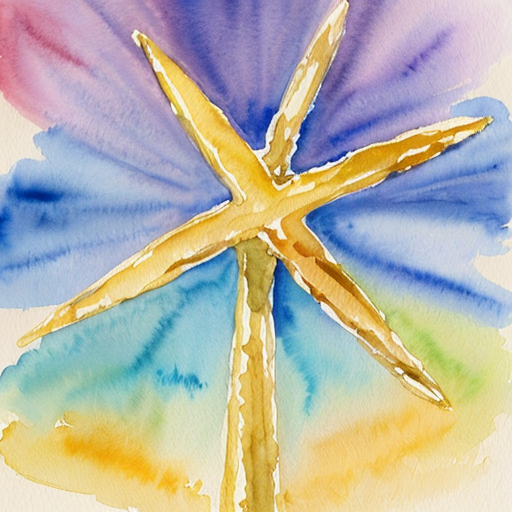 A golden cross above the sky with a small golden scroll and sword and above it a rainbow