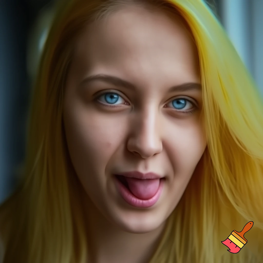 Blond 22 year old woman with blue eyes and tongue out