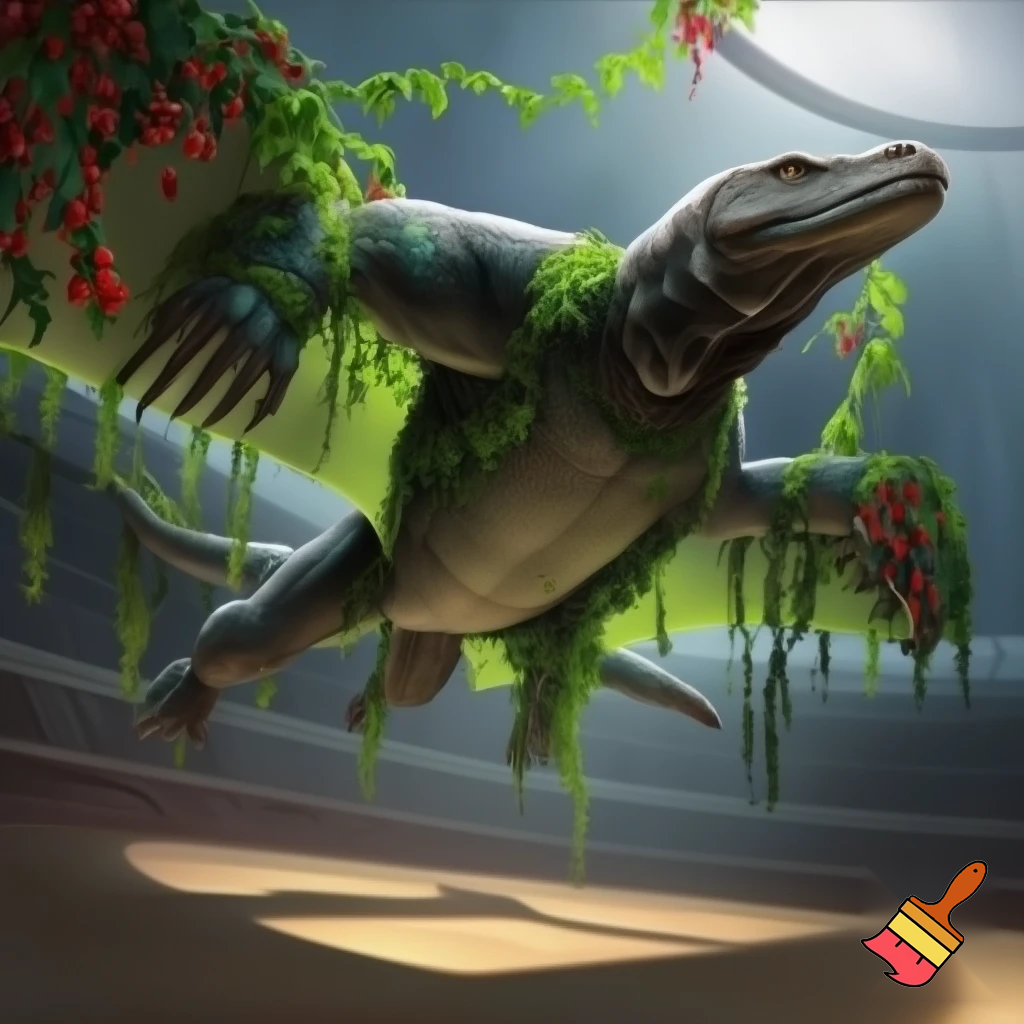 Half komodo Dragon half stingrays flying in a stadium with poison ivy