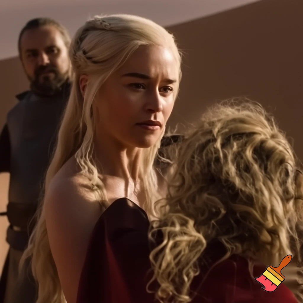 Daenerys Targaryen and Cersei Lannister fighting in the desert , Cersei Lannister is under Daenerys and losing. Both are naked and all sweaty 
