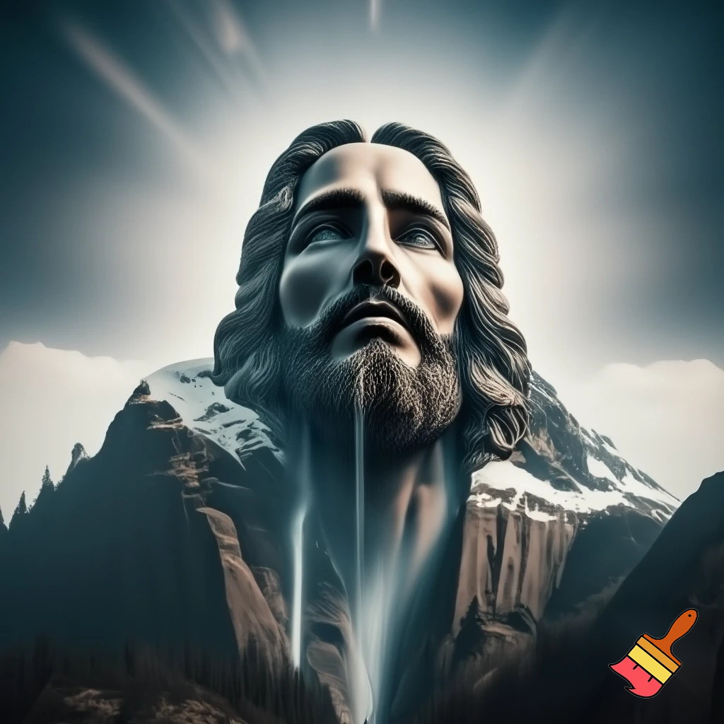 generami un'immagine che fonde gesù e una montagna insieme