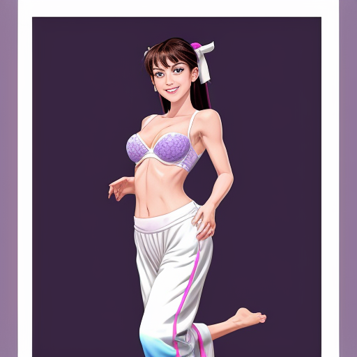 90's disney's 2d aladdin style comic black background and panels of panel 1 juri han barefoot with white harem pants and pink and purple bra with both hand palms place together and hiding the bottom of her mouth with a purple veil wrapped around her arms and attached to her head. 
panel 2 she danced with white harem pants barefoot with purple and pink bra and purple veil wrapped around her arms and shoulders and raising legs and bounced up and down her belly and shook her hips left and right. 
panel 3 as juri han barefoot with white harem pants and pink and purple bra spreading her arms, happily revealing her face to the viewer and giving a smile as she turns around shook her butt left and right. 
Panel 4 juri han barefoot with white harem pants and pink and purple bra started to fading away , except her belly, which is bouncing around. 
Panel 5 then the ball transforms into the fading in belly of brown haired chun li with brown harem pants and blue bra and white curved slippers and blue veil wrapped around her arms and shoulders with her swaying her hips. 
Panel 6 brown haired chun li with brown harem pants, blue bra and white curved slippers and blue veil wrapped around her arms and shoulders and with her hand palms place together between her chest and she gives a smile and winking her left eye.  