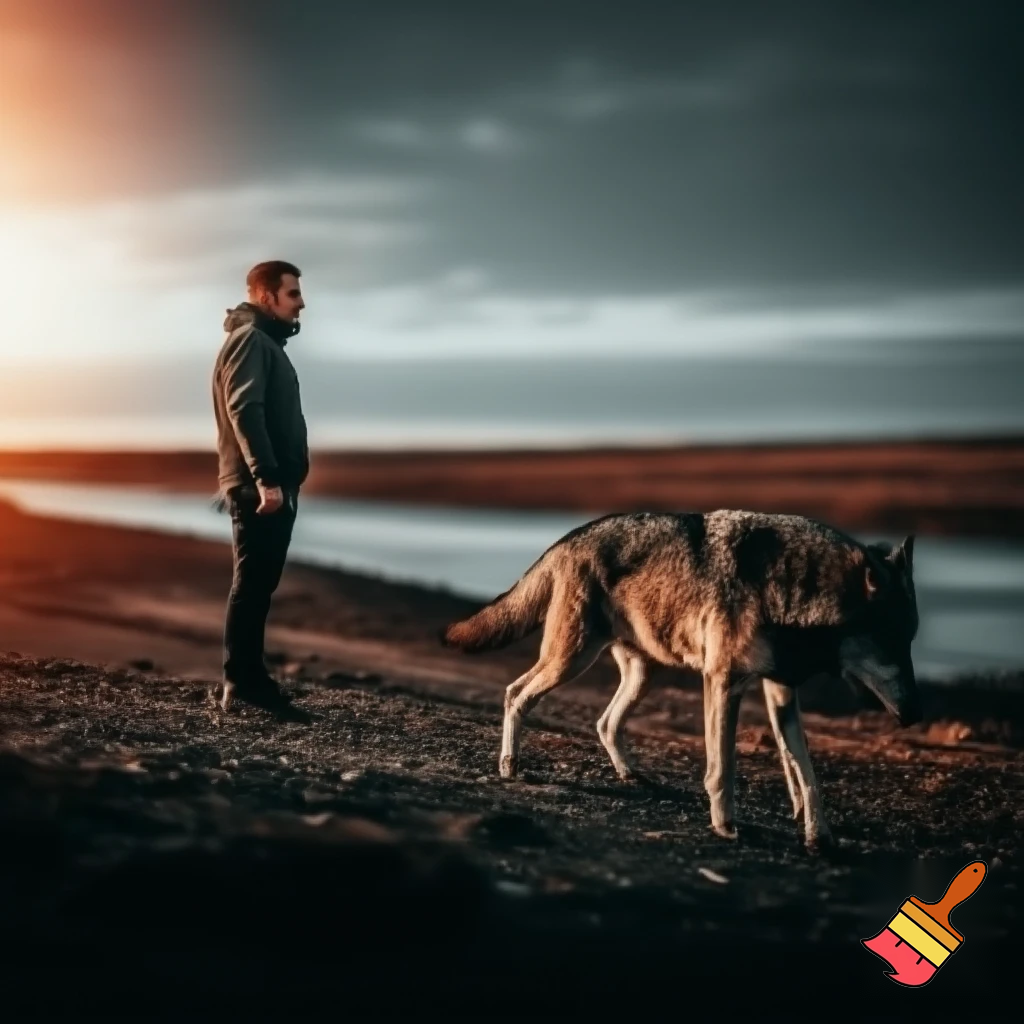 a man standing at river end with wolf