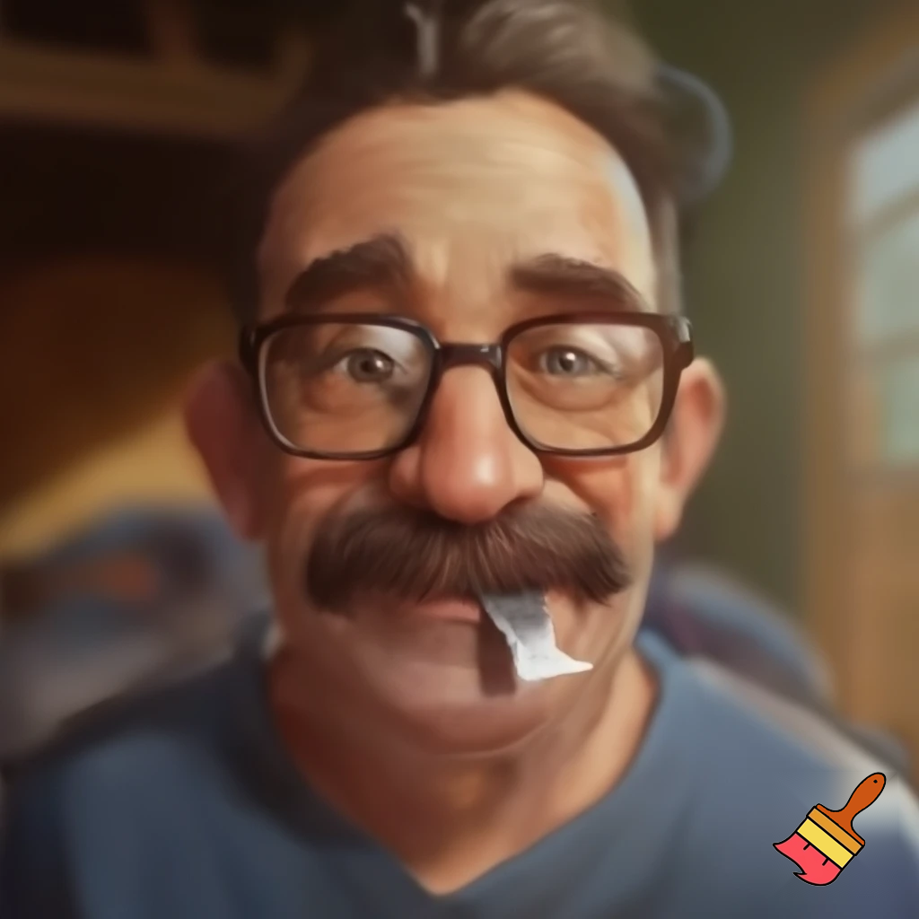A dad with glasses and a moustache with a pick in his mouth