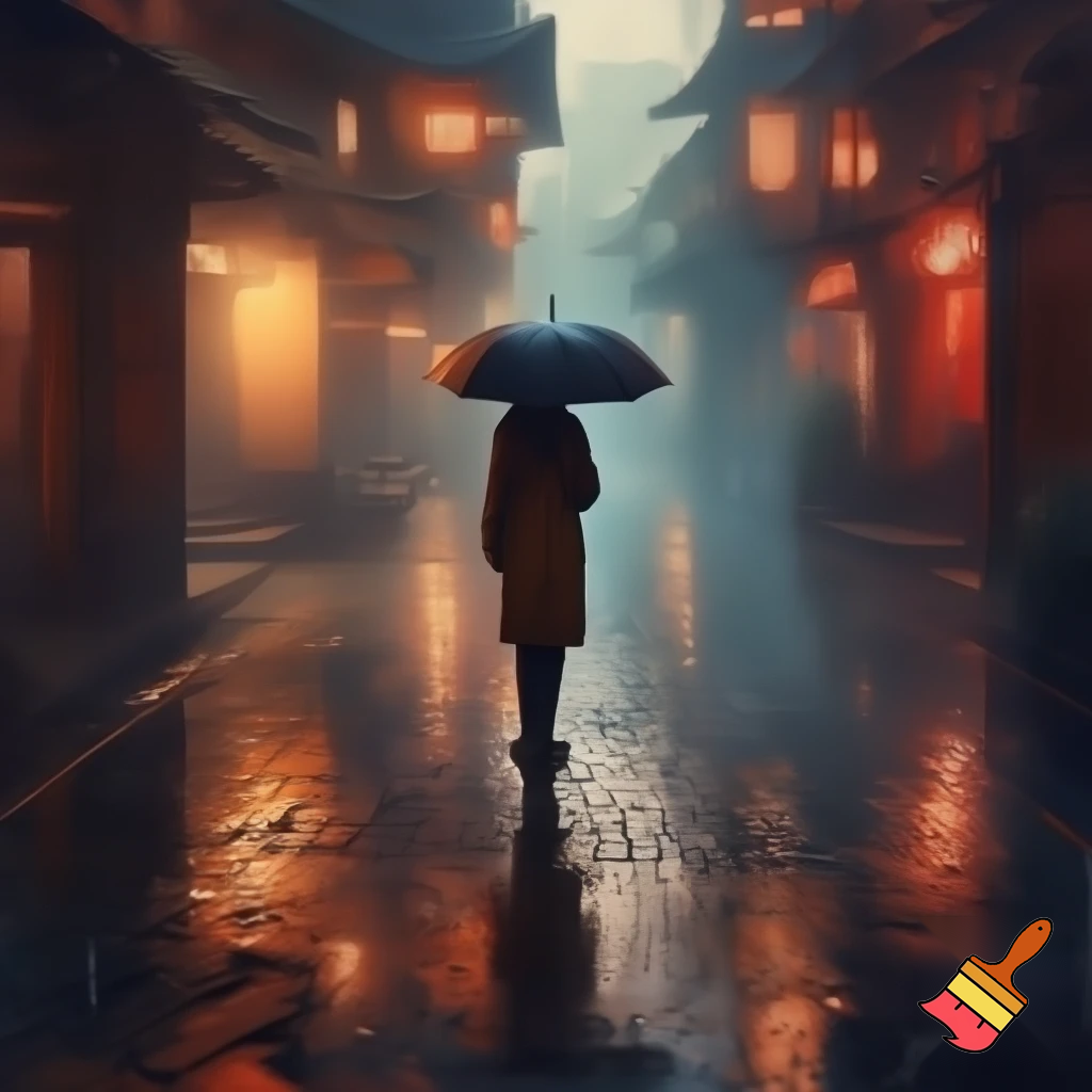 rainy old street asia / wet pavement reflection / closed umbrella rain