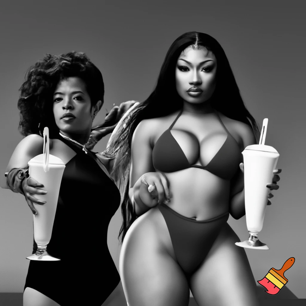 Black and white sports illustrated magazine cover of Kelis and Megan Thee Stallion Kelis wearing a black bathing suit and Megan Thee Stallion wearing a brown bikini both holding milkshakes