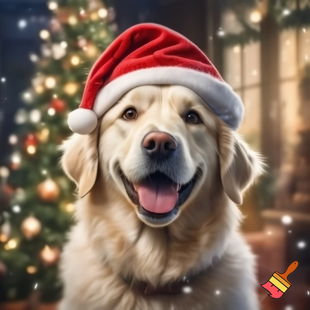 een witte golden retriever met een rode kerstmuts en een kerstboom