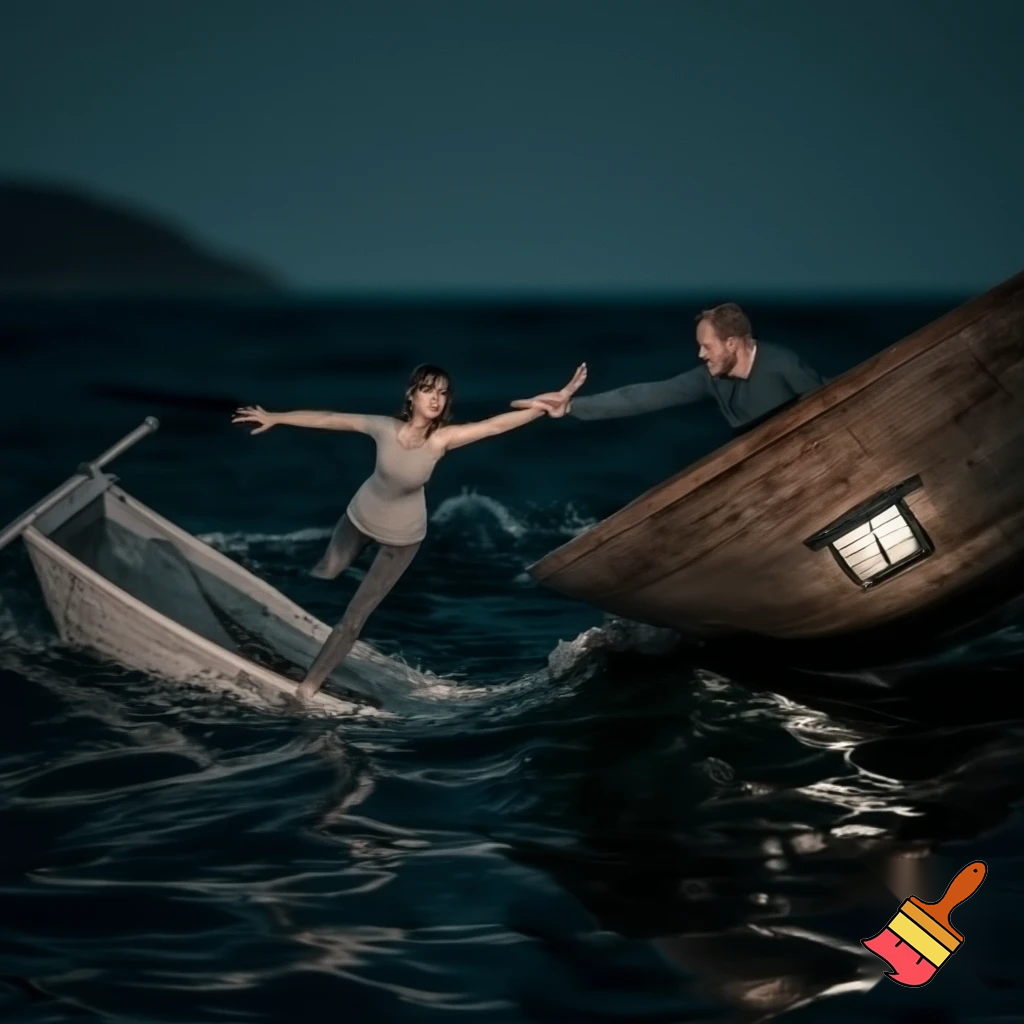 Draw a picture of a night scene of a sinking boat with a girl jumping out of the sinking boat and boarding another boat and another man in the other boat holding the woman's hand and calling her into his other boat.
