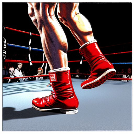 Editorial illustration in the style of official Unmatched board game card art, dynamic comic book style, rough pencil sketch texture, limited muted color palette with bold red accents only on the boxing boots, intense halftone shading -- A stylized low-angle shot focused entirely on the legs and feet of Muhammad Ali performing his iconic Ali Shuffle, one solid fully detailed pair of legs planted on the left wearing bright red boxing boots with white laces, knees slightly bent, feet dancing on the toes, and to the right a second semi-transparent ghostly afterimage pair of the same legs in faded red boots blurring and merging into the solid pair, multiple faint motion streaks connecting the two sets of legs showing the rapid back-and-forth shuffling movement, the ghost legs mid-step blurring rightward into the solid legs on the left, boxing ring canvas floor texture below with subtle scuff marks, white background above, cel-shaded ink drawing, graphic novel cover feel, impossible footwork speed frozen in time --ar 2:3 --stylize 250 --niji 6
