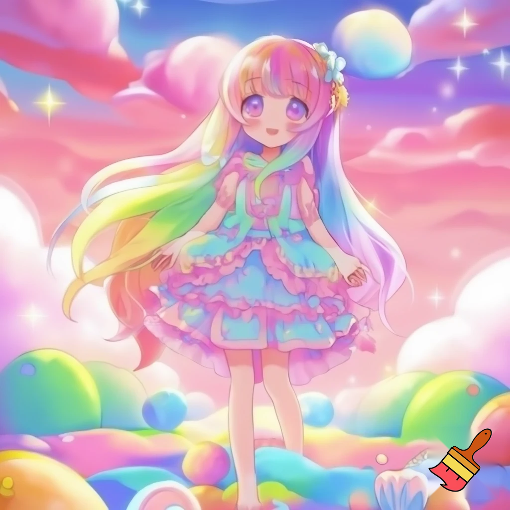 An anime girl with rainbow pastel hair and dress in a pastel kawaii land