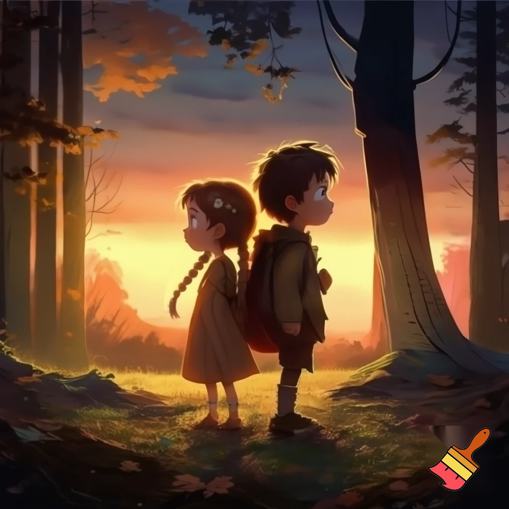 One girl one boy kids in a forest back to back in a sunset
