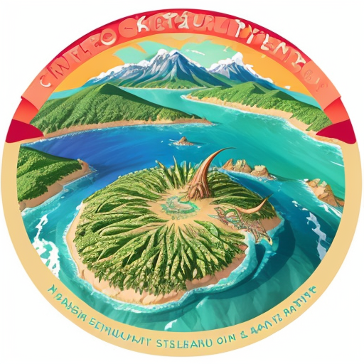 Cartographer style map of circular island that looks a bit like a dragon curled on its side with a mountain in the middle of the island that is it's spine.
