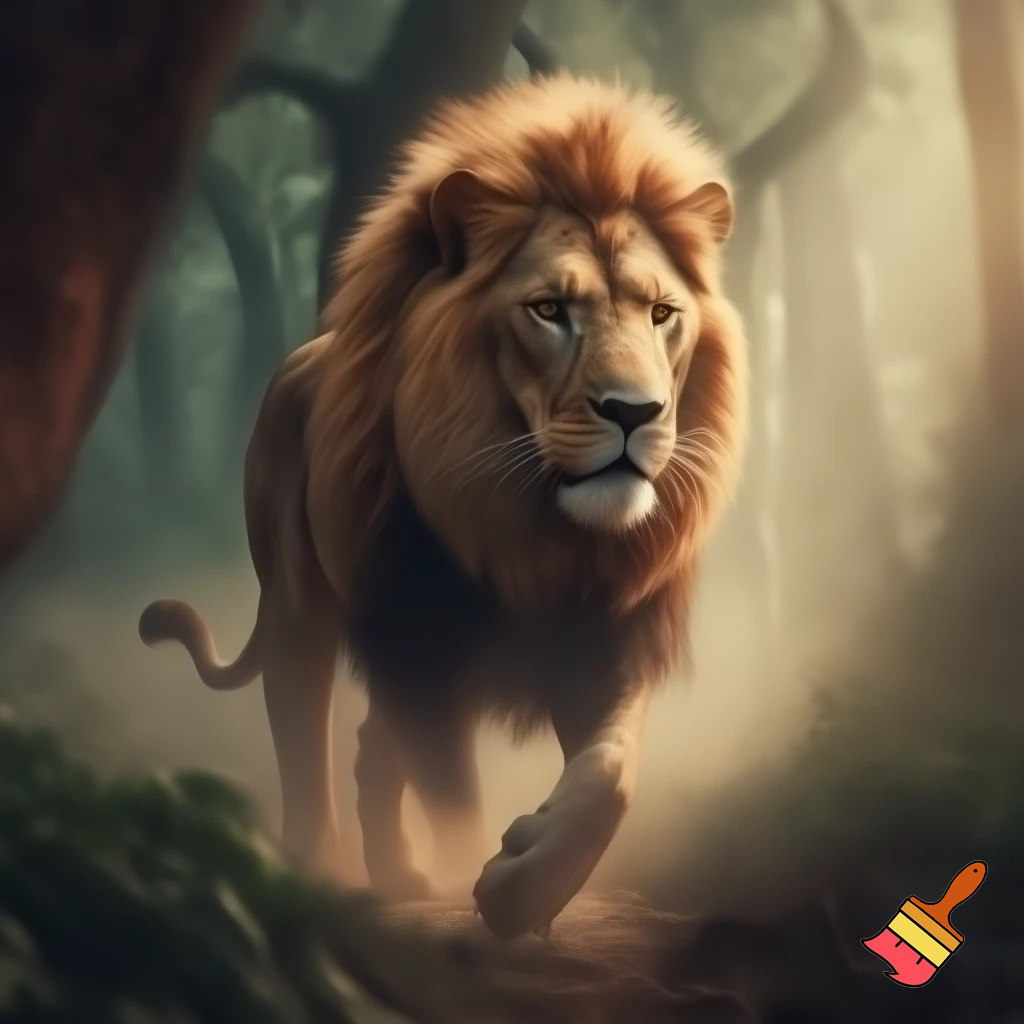 A highly detailed image of a majestic lion walking through a dense forest, sunlight filtering through tall trees, soft mist in the background, realistic fur texture, powerful muscles in motion, natural colors, cinematic lighting, shallow depth of field, ultra-realistic style, high resolution, dramatic and immersive atmosphere
