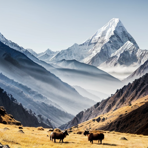 “A realistic painting of the Nepal Himalayas, featuring a yak and chyangba in traditional style, vivid colors, sunlight highlighting the mountains, ultra-detailed, 100% hand-painted look, professional digital painting style